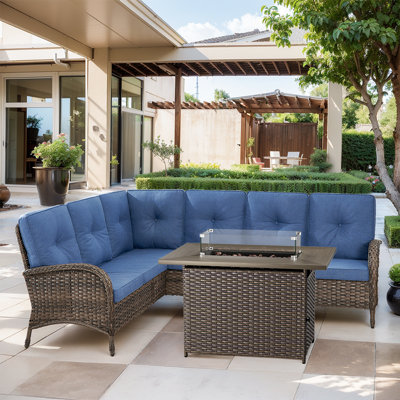 Ensemble de conversation modulaire en osier de patio pour 6 personnes avec coussins et foyer d'extérieur 50 000 BTU Gaetanino