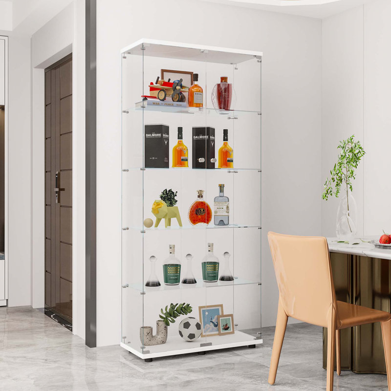 Glass Display Cabinet With 5 Shelves Double Door, Curio Cabinets For Living Room, Bedroom, Office Floor Standing Glass Bookshelf, Quick Installation