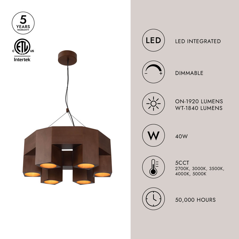 Bosco 6 - Light LED Chandelier, Natural Oak