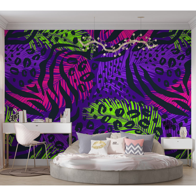 Murale pelez et collez de qualité supérieure - feuilles néon tropicales, L 120 po x L 96 po