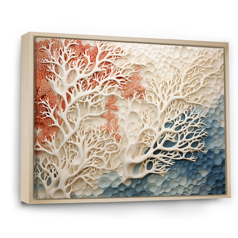 «Rose and White Coastal Coral Collage I» - art mural corail sous l'eau, Reproduction avec cadre flottant, H 30 po x l 40 po