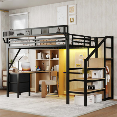 Lit mezzanine avec bureau, station de charge, 7 espaces de rangement ouverts et éclairage DEL pour enfants et adolescents (sans matelas)