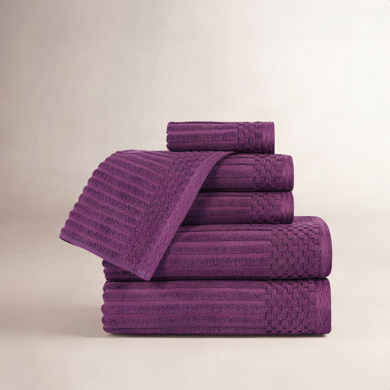 6-Piece Checkered Border Cotton Towel Set, Purple