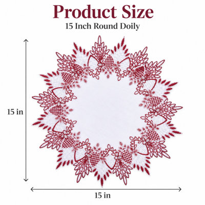 White and Dark Red Lace Round Table Doily, 15 Inch