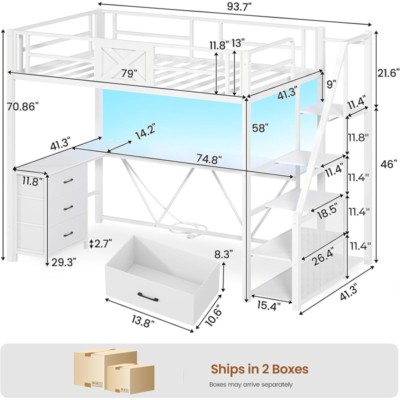 Loft Bed with Led Lights Metal Loft Bed Frame with L Shaped Desk and Wardrobe, White