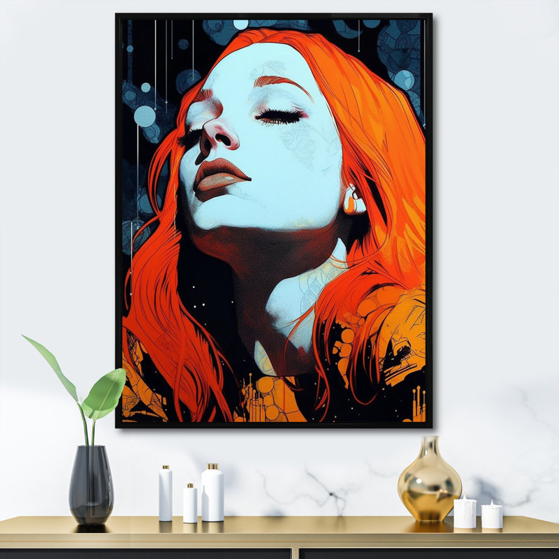 Illustration rétro d'une belle rousse rêveuse, H 32 po x l 16 po x P 1 po, Cadre flottant noir