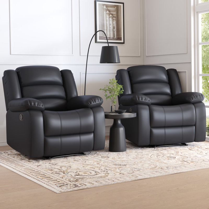 38" Wide Modern Soft Vegan Leather Manual Recliner , Black