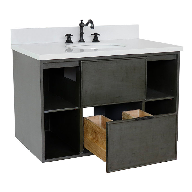 Meuble-lavabo mural simple 37 po, Quartz blanc