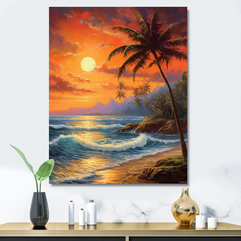 «Bright Sunset Of Waves Breaking At The Shore V», reproduction sur toile, H 32 po x l 24 po, Encadrement doré