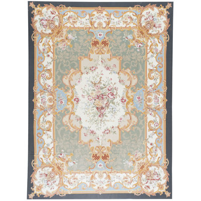 Hand-Knotted High-Quality Gold, Green, and White Area Rug