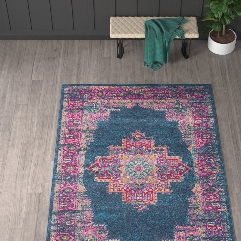 Abbate Oriental Navy Blue/Pink Area Rug, Rectangle 10' x 14'
