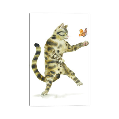 Tabby Cat And Butterfly by Alexey Dmitrievich Shmyrov - Wrapped Canvas Print