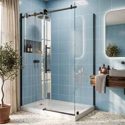 44–48" W x 36" D x 72" H Frameless Sliding Corner Shower Enclosure with 8mm Tempered Glass, Matte Black