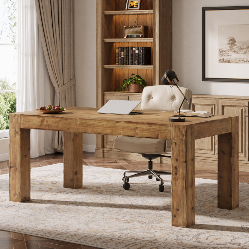63'' Solid Wood Executive Desk, All Real Wooden Home Office Computer Desk, Brown
