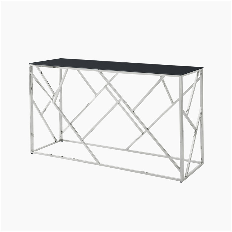 Welton Glass Top Console Table, Chrome, Black, 30.7" H x 55.1" W x 17.7" D