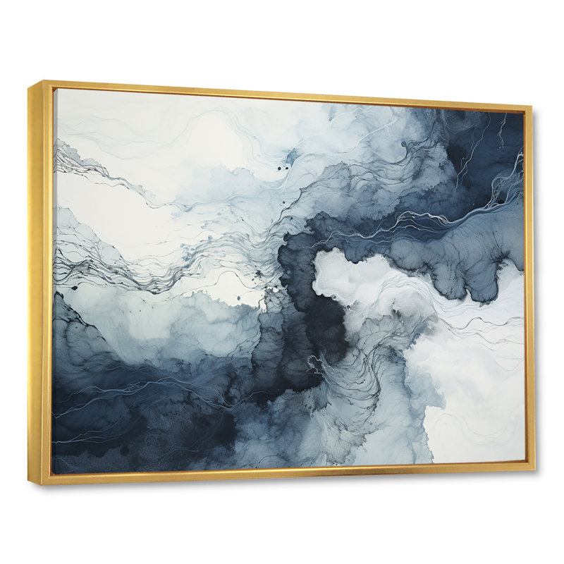 «Blue and White Marble River III», reproduction d'art sur toile abstraite, Cadre flottant doré, H 16 po x l 32 po