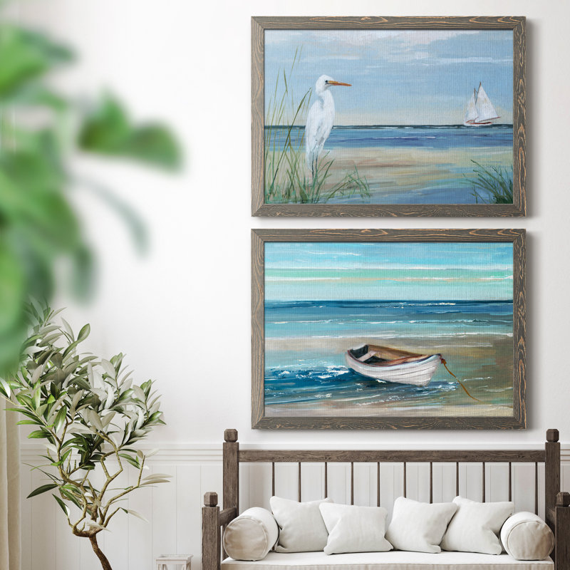 Summer Heron - Ensemble de 2 peintures sur toile encadrées, Encadré gris, H 31 po x l 44 po x P 1 po