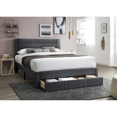 Grand lit en velours côtelé gris anthracite - Design moderne avec rangement supplémentaire sous le lit gris foncé contemporain et support