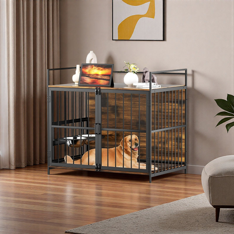 Grande cage pour chien de style meuble avec mangeoire surélevée à 360 ° pour chiens, H 35,8 po x l 41 po x P 23,6 po