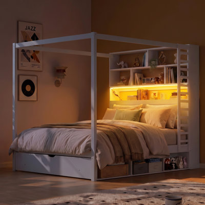 Lit à baldaquin Queen Size avec tête de lit bibliothèque, prises USB, éclairage DEL RVB, compartiments de rangement et tiroir, blanc