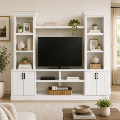 Meuble télé de 240 cm de large avec rangement, étagères ouvertes et style champêtre, grand meuble multimédia pour salon