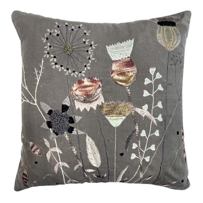 Gray and Green Cotton Embroidered Square Pillow 18x18"