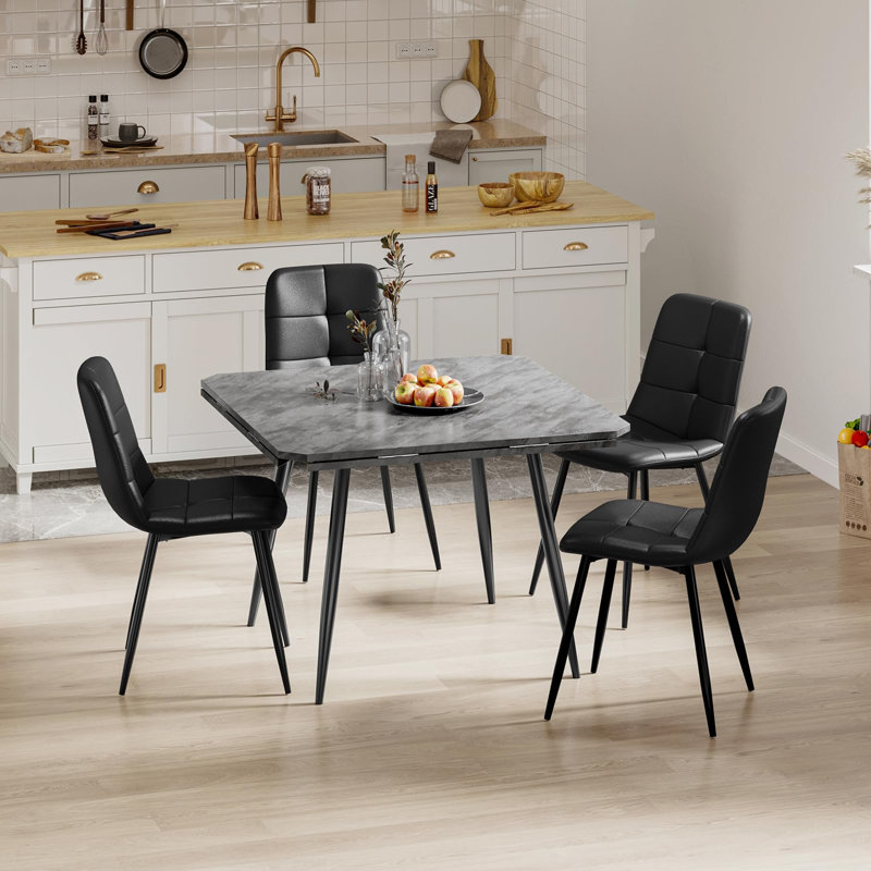 Dining Table And Chairs Set Of 4, Extendable Round Marble Effect Folding Table With Upholstered Tech Fabric Chairs For Dining Room,Kitchen