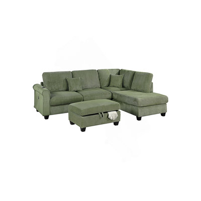 Gorgeous Sage Color 3Pc Sectional Set Corduroy Upholstered LAF Sofa RAF Chaise Ottoman L-Sectional Living Room Furniture