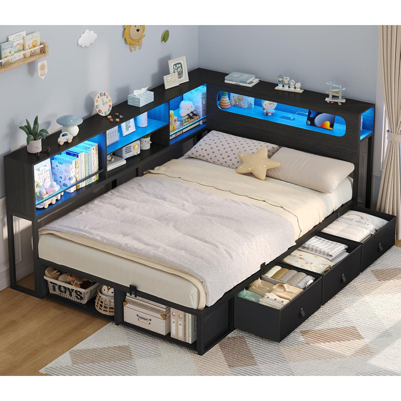 Corner Bed Frame With Bookcase Storage & Rgb Lights, Charging Station, Metal Daybed With 3 Drawers & 2 Open Cubbies, For  Small Space