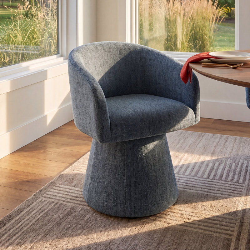 Kyo 24.4" W Chenille Swivel Barrel Chair, Mellow Steel Blue Boucle