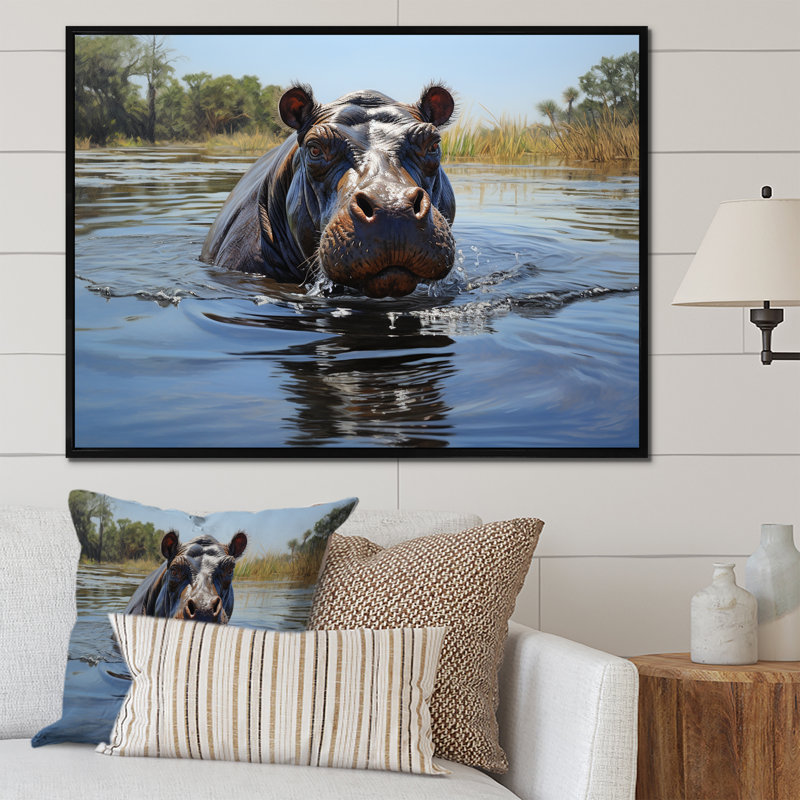 Hippopotames gris, berge, rêveries 2 - art mural hippopotame, Cadre flottant noir, H 24 po x l 32 po x P 1 po