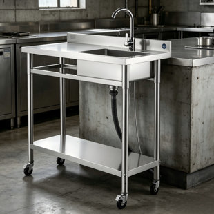 Stainless Steel Single-Bowl Commercial Sink With Wheels, Complete With Faucet And Hot/Cold Water Fittings, Workbench Design, Suitable For Multiple Locations.