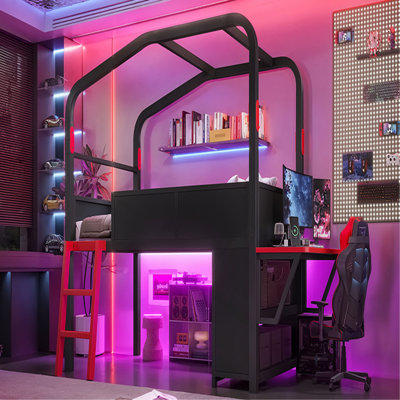 Lit mezzanine bas avec bureau latéral et ports USB, lit mezzanine en métal de style jeu avec lumières à DEL, armoires de rangement et auvent chic, noir