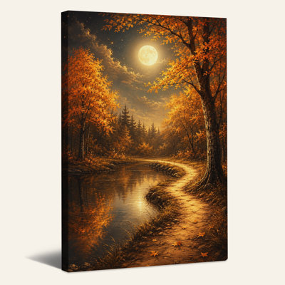 Automne, chemin forestier le long de la rivière au clair de lune sous Halloween