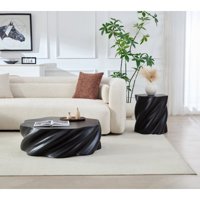 Table basse ronde 35 po noire, centre de table moderne en fibre de verre, très grand tambour bas, entièrement assemblée, facile à nettoyer, décorative pour les appartements et les bureaux