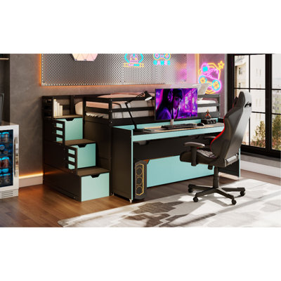 Twin XL Loft Bed with Pull-Out Desk and Twin Trundle, Multi-Functional Bunk Bed with 2 Storage Drawers and Storage Steps, Space-Saving Gaming & Workstation Bedframe