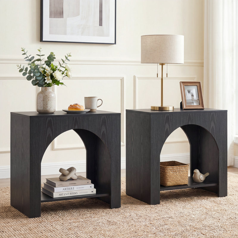 Table de bout 27,56 "en arche de style campagnard, table d'appoint moderne avec tablette de rangement ouverte pour le salon, ensemble de 2