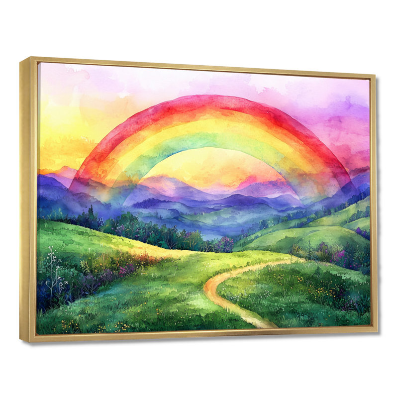 Rainbow Over The Hills In USA - art mural arc-en-ciel, Cadre flottant doré, H 16 po x l 32 po