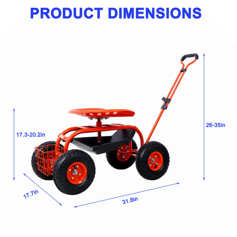 Red Steel Rolling Garden Scooter with Swivel Seat and Tool Tray