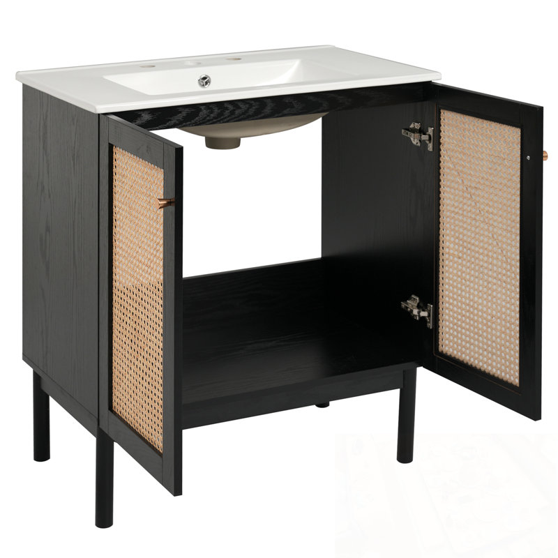 Meuble-lavabo avec lavabo, 2 portes et poignées en métal, Noir