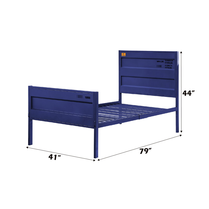 Blue Twin Panel Bed With Cargo Container Style, Metal Frame And Recessed Panels, 21 Slats, No Box Spring Required, Low Profile Fb, Straight Leg, 25 X 50Mm Iron Plate Frame, 330Lbs Capacity, 79In