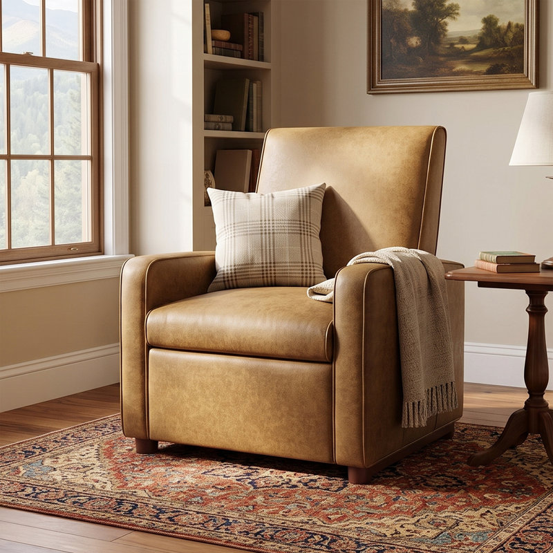 Fauteuil inclinable à pression manuel avec revêtement en similicuir et pieds en bois de noyer, Brown