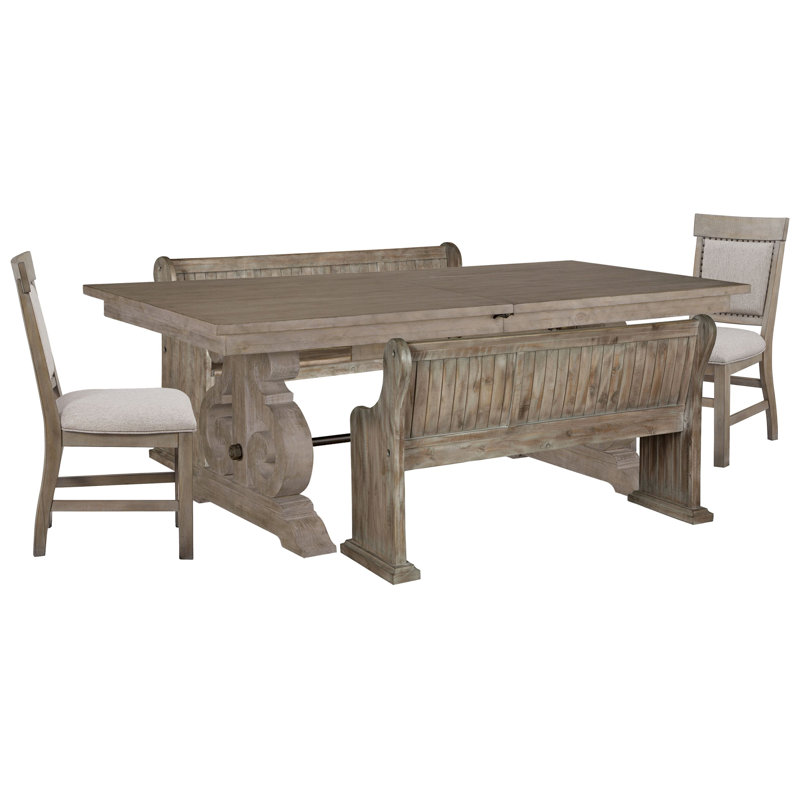 Extendable Rectangular Dining Table With 2 Benches And 2 Upholstered Side Chairs, 5Pcs:Table,2Benches,2Chairs