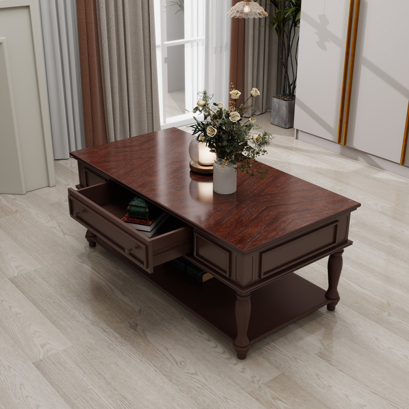 Table basse Farmhouse, table de cocktail rectangulaire mobile avec rangement, Espresso, Espresso
