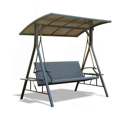 Balancelle d'extérieur 3 places avec toit rigide et table d'appoint en polycarbonate réglable, banc de chaise de patio en osier avec cadre en acier et siège en mousse à séchage rapide, parfait pour le jardin et la pelouse
