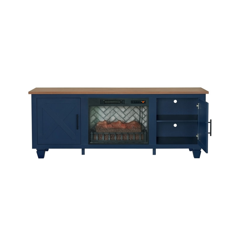 1 console multimédia avec foyer électrique encastré bleu et effet de braise