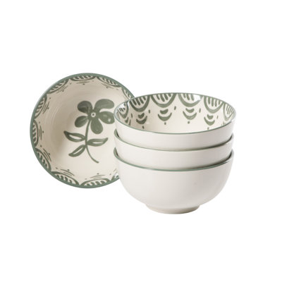 Bloomhouse – 2-Time Oprah’s Favorite Things – Valencia Flor 4 Piece 6” Cereal Bowl Set, Stoneware Bowls, Mediterranean Floral Decal Design, Fern Green