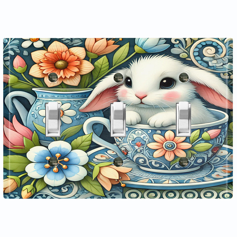 Couvercle de plaque d'interrupteur en métal; Bascule de taille standard US 3 Gangs - Lapin tasse de thé, Triple # 3