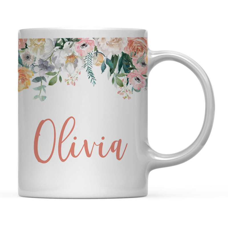 Andaz Press personnalisé 11 oz. Tasse de mariage, tasse de café, cadeau de demoiselle d'honneur, pêche, fleurs, roses, Olivia, paquet de 1, cadeau d'anniversaire de Noël pour elle, nom personnalisé