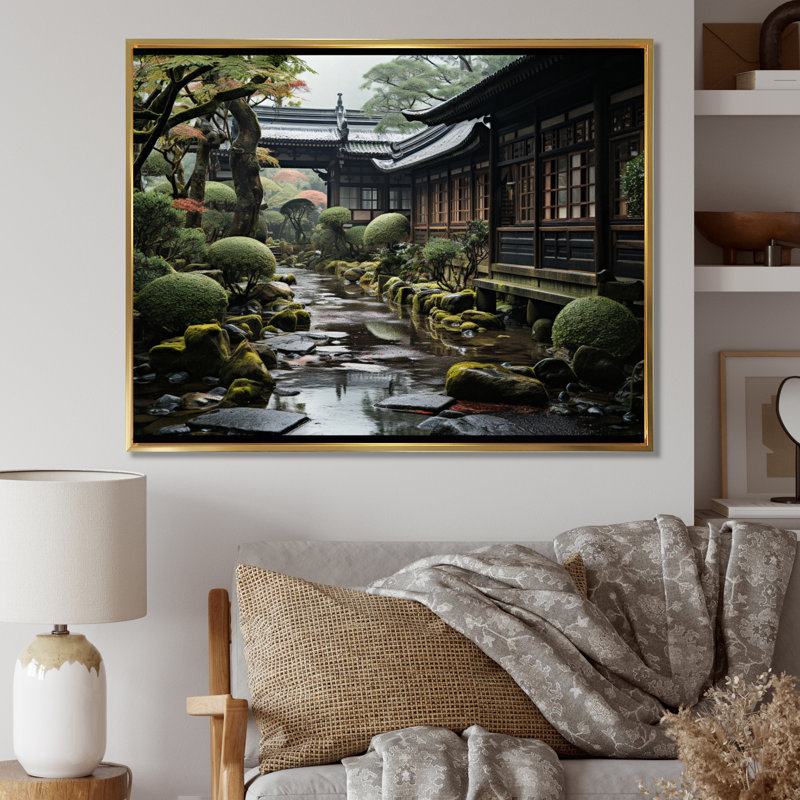 Japon Art Silent Temple - Japanese Wall Art Prints, H 24 po x l 32 po x P 1 po, Cadre flottant doré